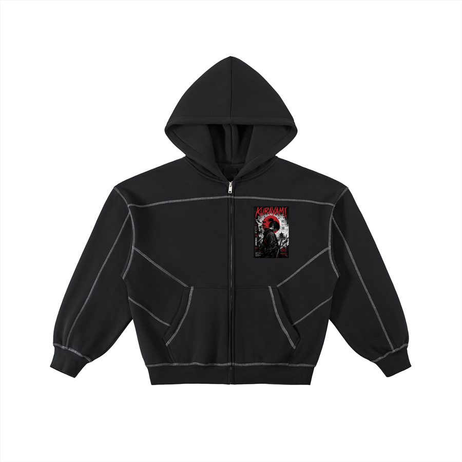 Contrast-Stitched Boxy Fleece Zip Hoodie
