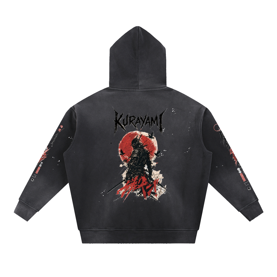 KURAYAMI “Silence Is Power” Vintage Washed Frayed Fleece Hoodie